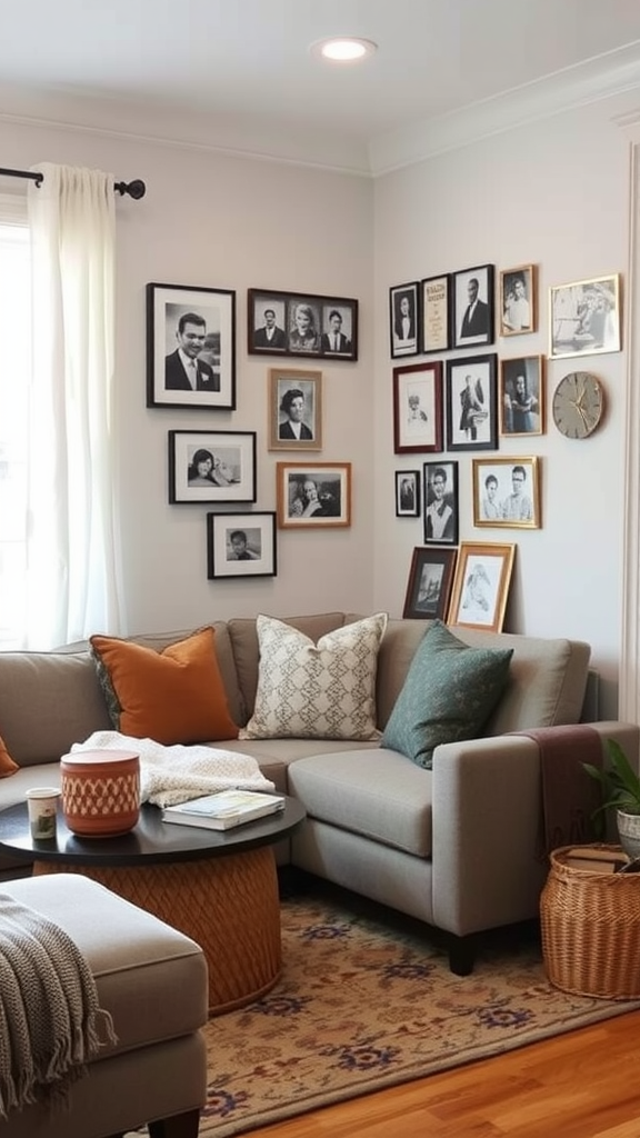 A cozy living room corner with a sofa, decorative pillows, and a wall filled with framed black and white photos.