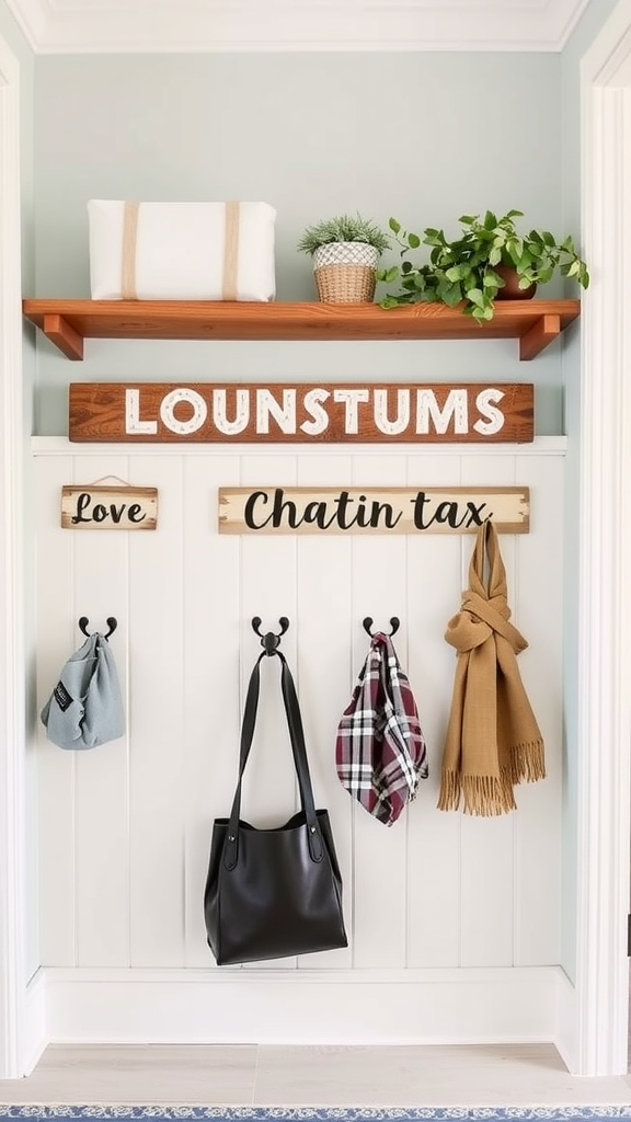 A cozy entryway with personalized name tags on a wall, showcasing unique messages and a warm atmosphere.