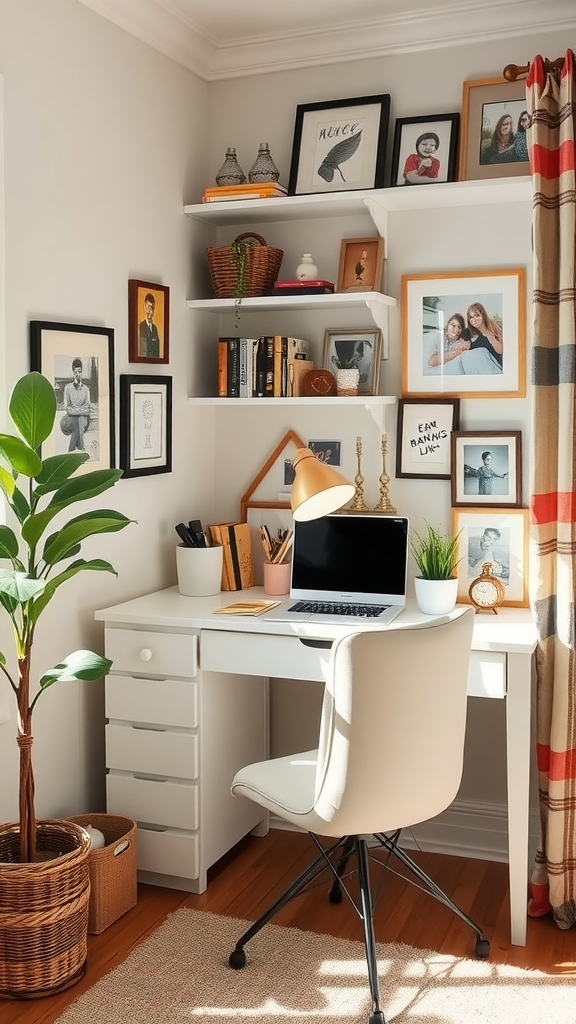 A bright and inviting workspace featuring a desk, a laptop, and family photos on the wall.