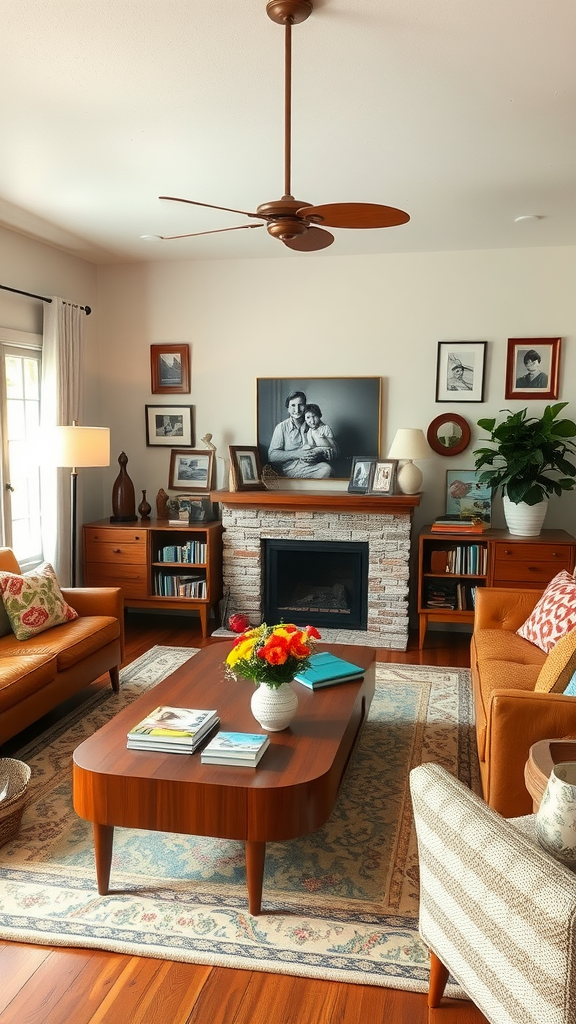 Cozy living room with family photos and comfortable furniture