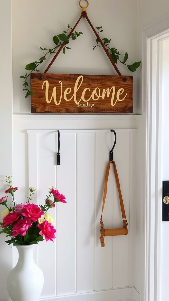 A wooden welcome sign hanging with greenery and a flower vase in a bright entryway.