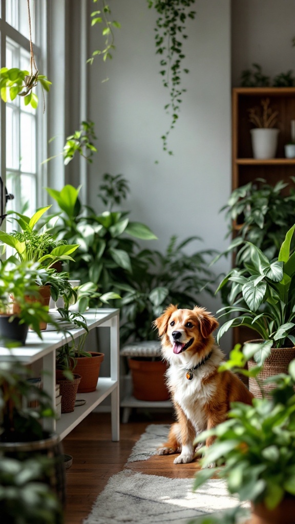 A cheerful dog sitting among various indoor plants in a bright office space.