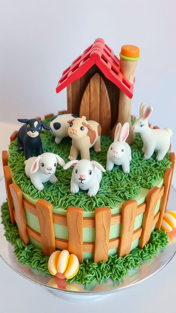 A colorful petting zoo themed cake featuring animal figurines and green frosting.