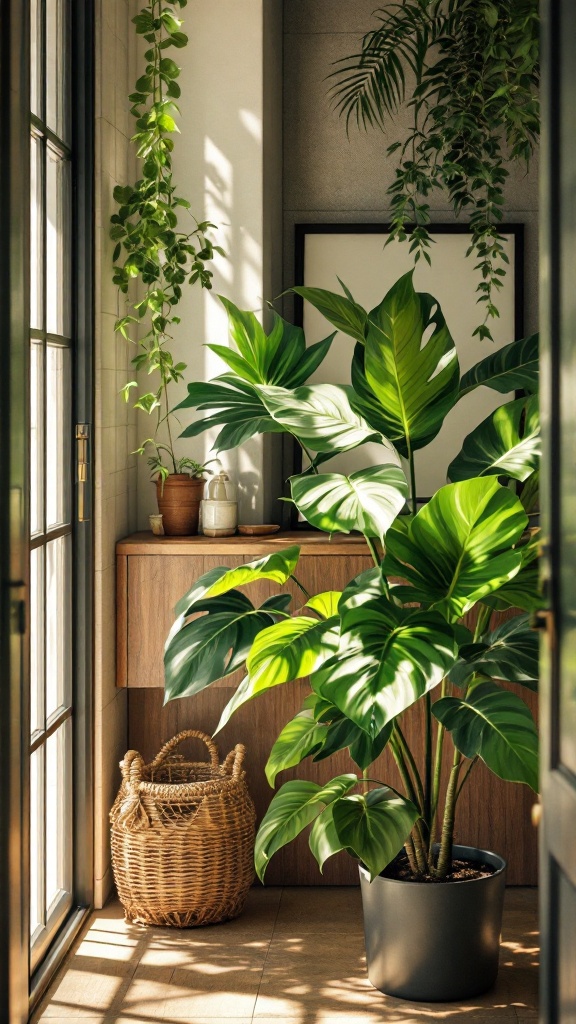 A bright bathroom with a philodendron plant beside a wooden cabinet.