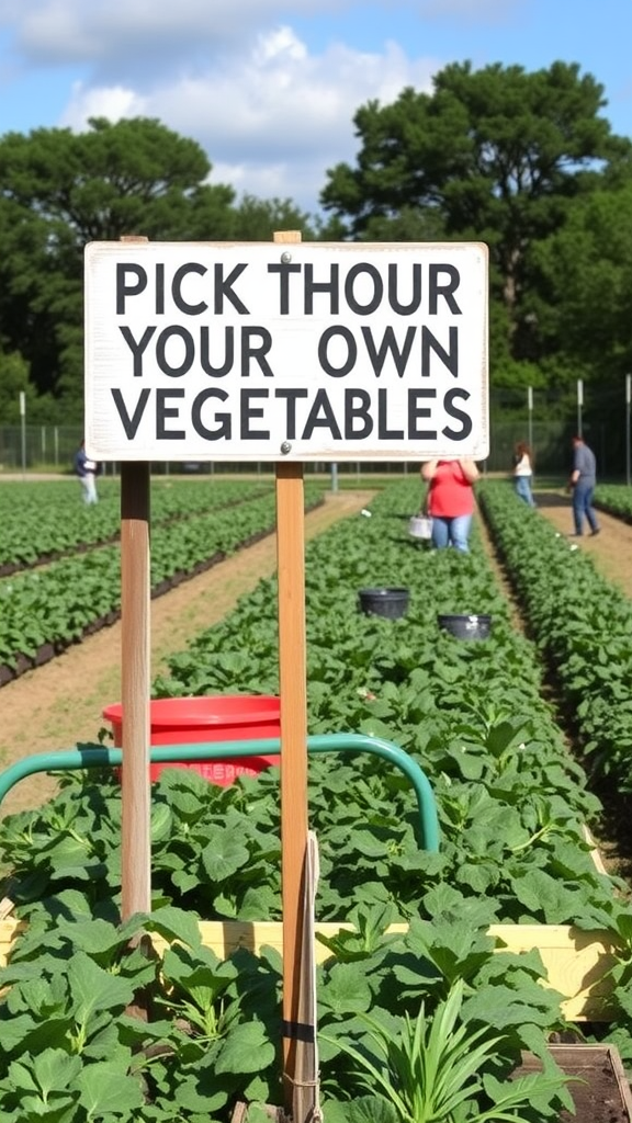 Sign saying 'Pick Your Own Vegetables' in a vegetable field.