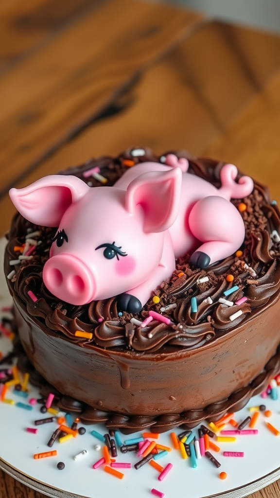 A chocolate cake topped with a pink pig figure and colorful sprinkles.