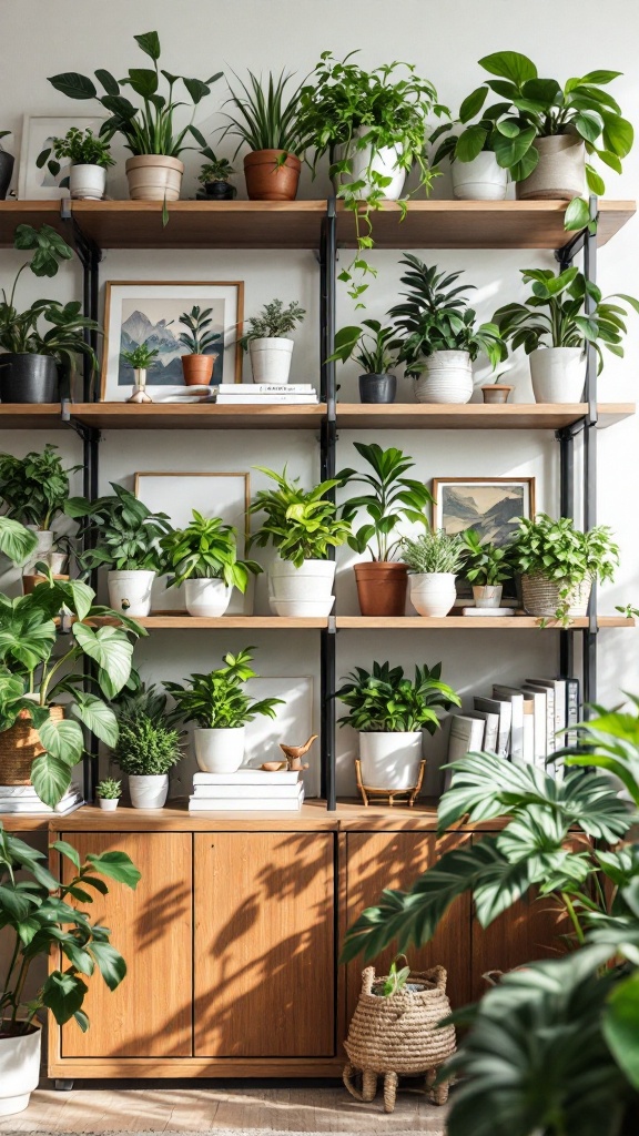 A cozy office with shelves filled with various plants and decorative items.