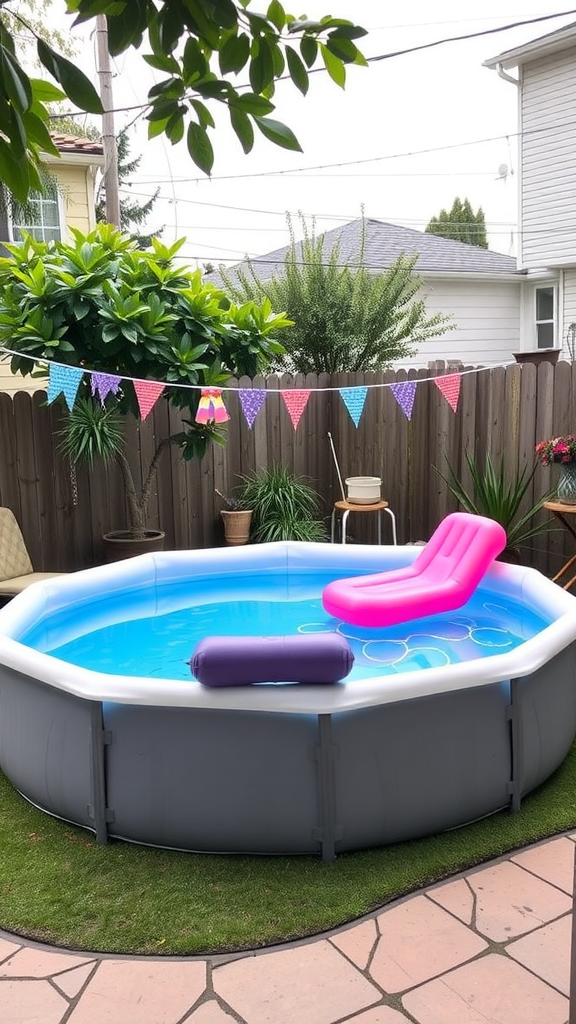 Two children relaxing in a portable kidney pool in a backyard