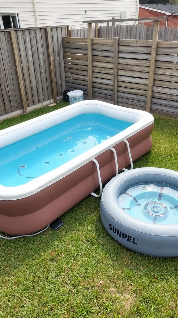 A portable pool with an inflatable jacuzzi, set in a small yard.