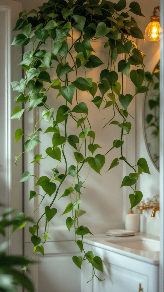 A beautiful Pothos plant with long trailing vines, hanging in a bright bathroom.