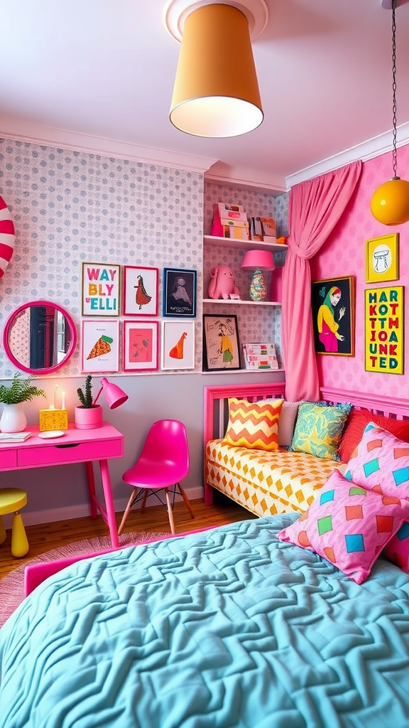 A colorful and playful bedroom with vibrant decor and fun elements.