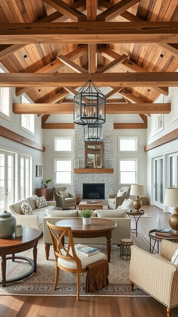 Living room with reclaimed wood beams and furniture.