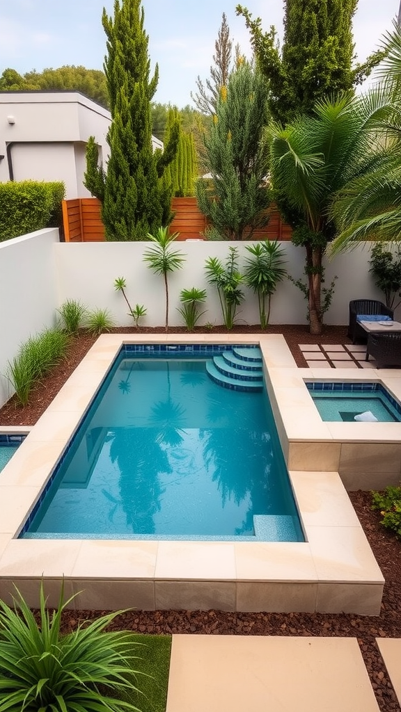 A modern rectangular plunge pool featuring a corner jacuzzi, surrounded by greenery and stylish landscaping.