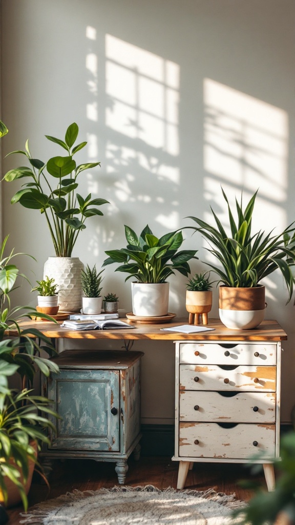 A cozy office setup featuring repurposed furniture with various plants.