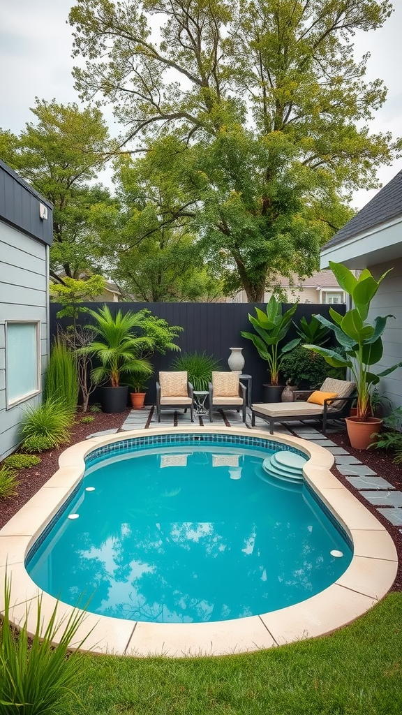 A small kidney-shaped pool surrounded by plants and outdoor seating in a small yard.