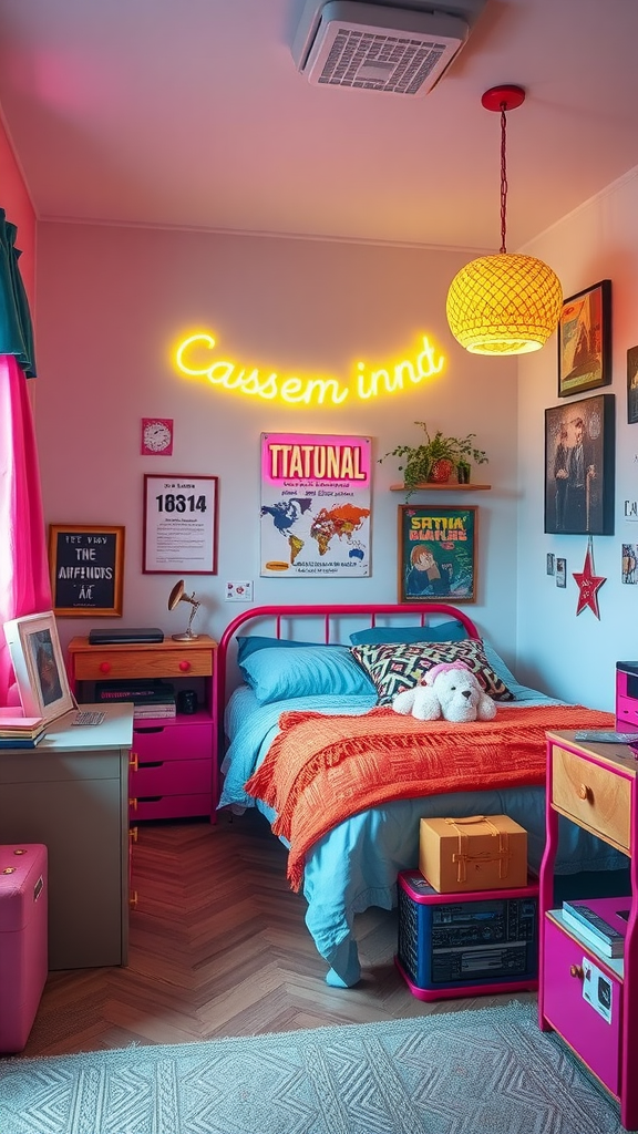 A vibrant 90s style bedroom featuring pink furniture, a cozy bed with a colorful blanket, and retro wall art.