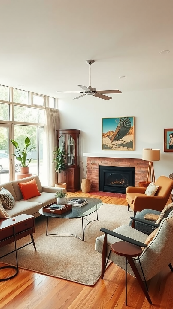 A cozy living room with retro furniture, featuring a mix of colorful sofas, a coffee table, and a warm wooden floor.