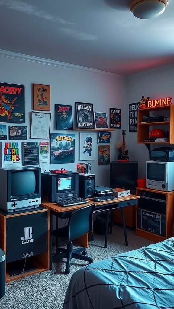 A retro gaming corner with vintage consoles, posters, and a cozy desk setup.