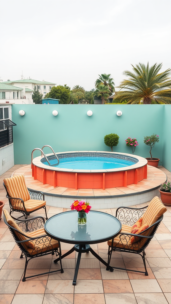 A colorful round pool surrounded by seating and plants in a small yard.