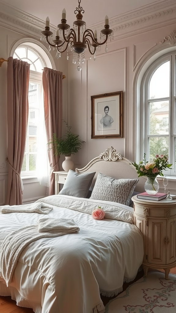 A beautifully styled bedroom with soft pink curtains, an elegant chandelier, and a cozy bed, embodying a romantic French touch.