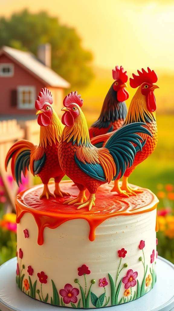 A cake topped with colorful rooster figurines, decorated with flowers and a vibrant sunset background.