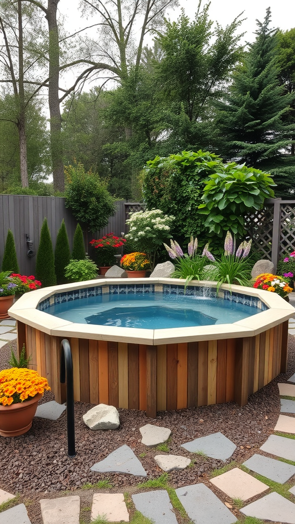 A round above-ground pool with spa features surrounded by flowers and greenery.