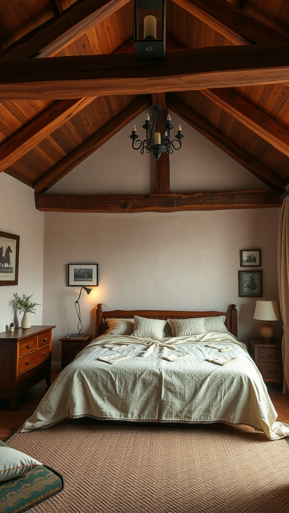 Cozy rustic bedroom with wooden beams and warm decor.