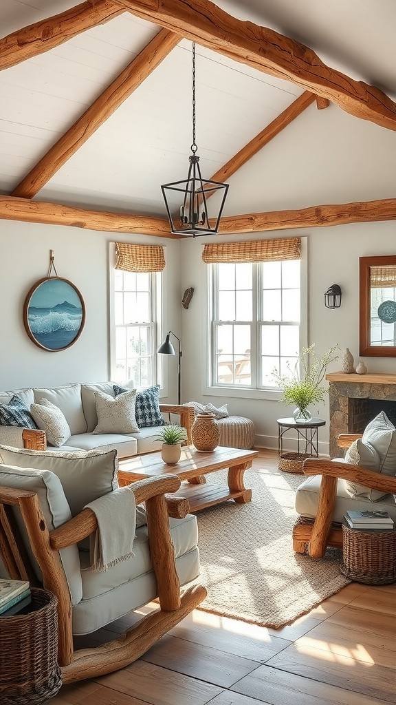 Cozy living room featuring rustic driftwood furniture with natural textures and warm colors.