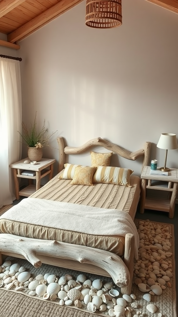 A cozy coastal bedroom featuring rustic driftwood furniture with a natural color palette.