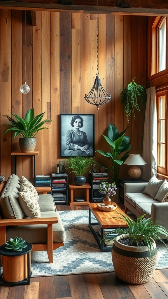 A cozy living room featuring wooden walls, comfortable furniture, and several indoor plants.