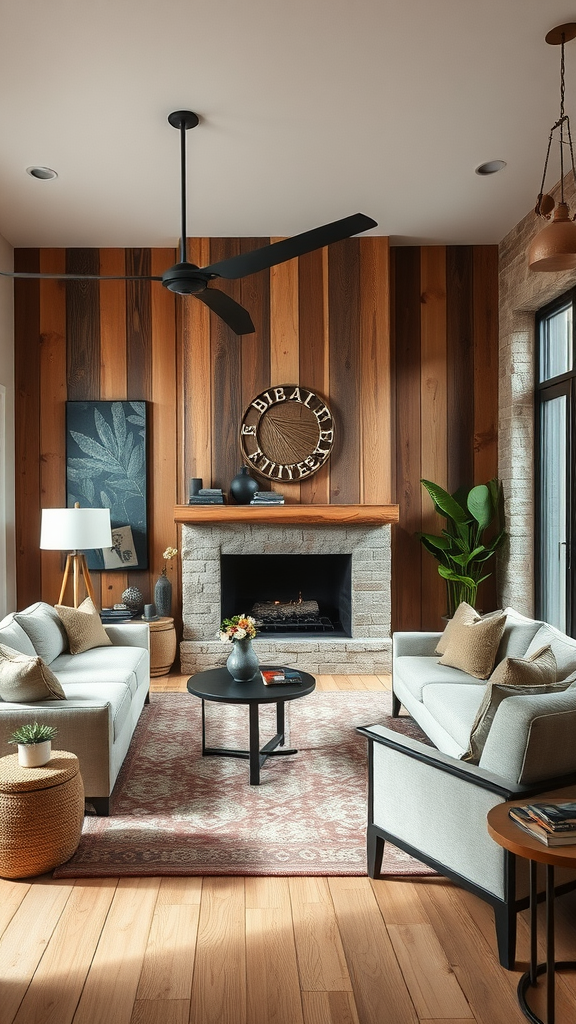 A cozy living room featuring rustic wooden walls, modern furniture, and decorative accents.