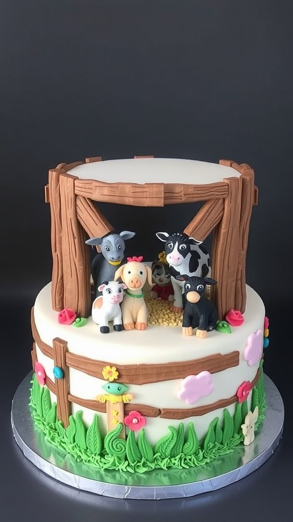 A cake designed like a rustic farm gate with fondant animals and flowers.