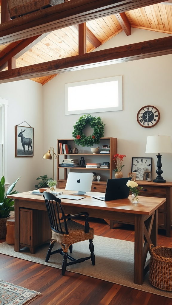 Cozy rustic farmhouse office with natural wood tones and charming decor