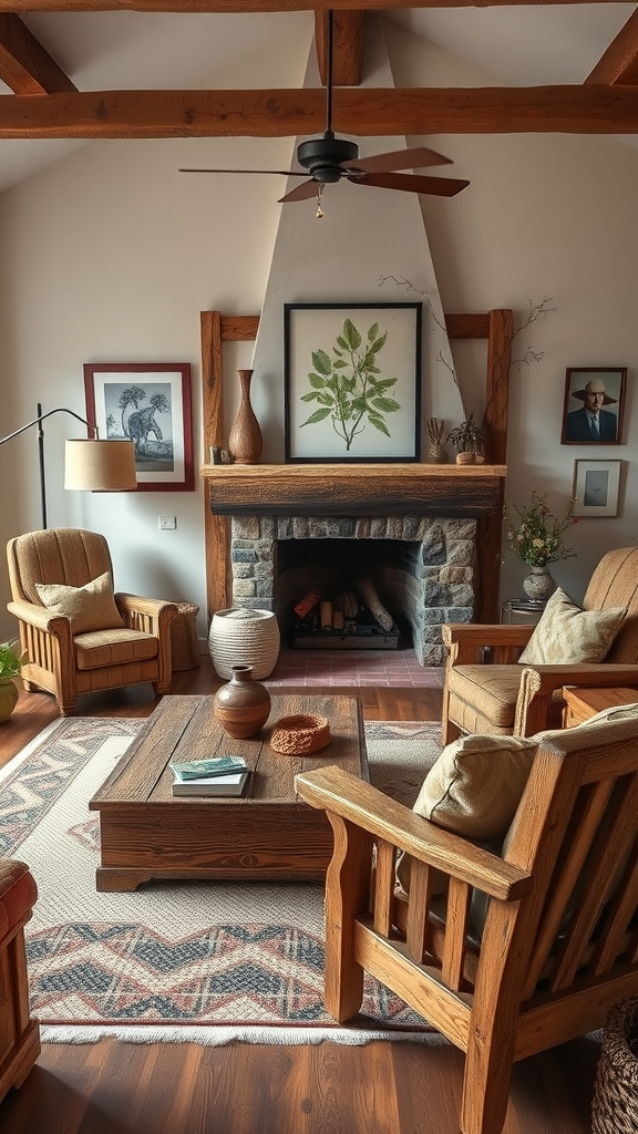 A cozy living room featuring rustic wooden furniture, a stone fireplace, and warm lighting.