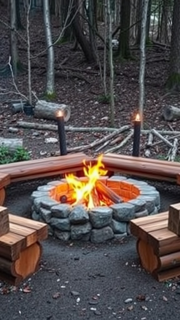 Rustic log seating around a stone fire pit in a wooded area