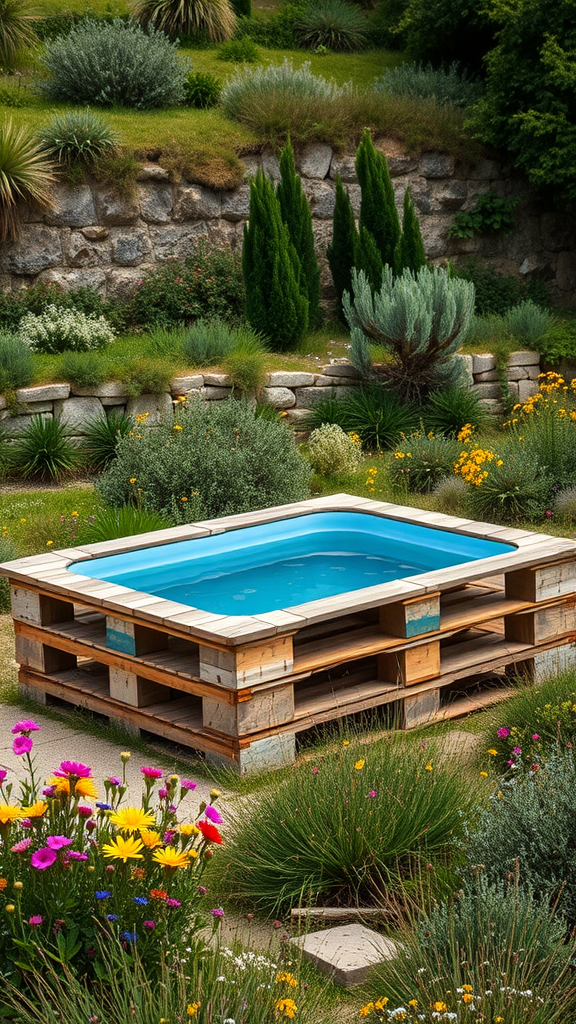 A small, rustic pool made from wooden pallets surrounded by colorful flowers and greenery.