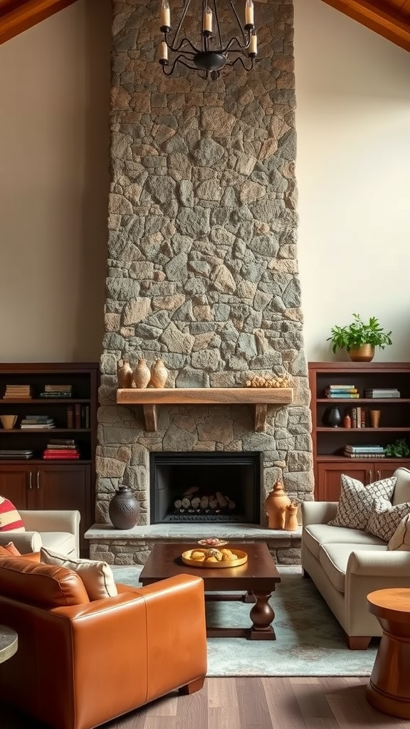 Cozy living room with a rustic stone fireplace and comfortable seating