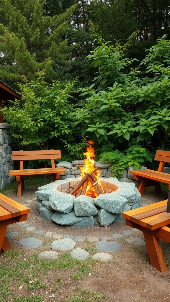 Rustic stone fire pit surrounded by wooden benches in a lush green setting.