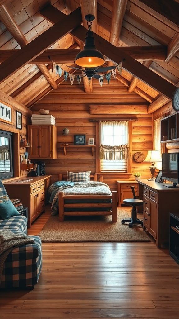 A cozy bedroom with wooden walls, a log bed, and a plaid armchair, exuding a rustic cabin vibe.