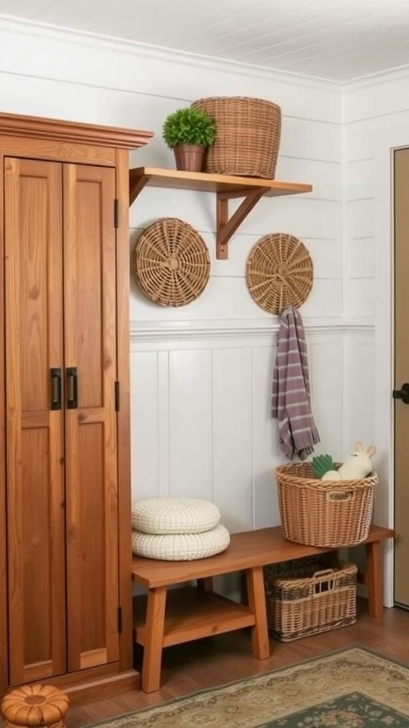 A rustic wood locker with woven baskets and a cozy bench in a well-decorated entryway.