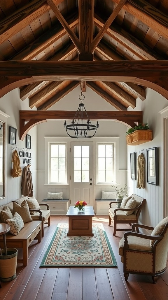 A cozy interior with wooden beams, rustic furniture, and a warm color palette.