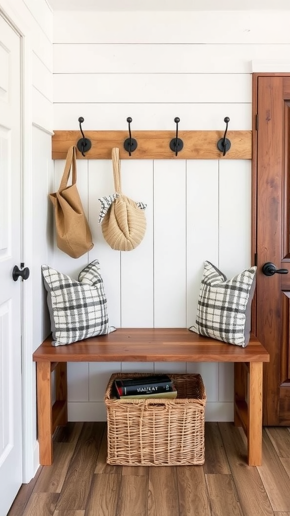 A rustic wooden bench with hooks on the wall, decorated with pillows and a basket.