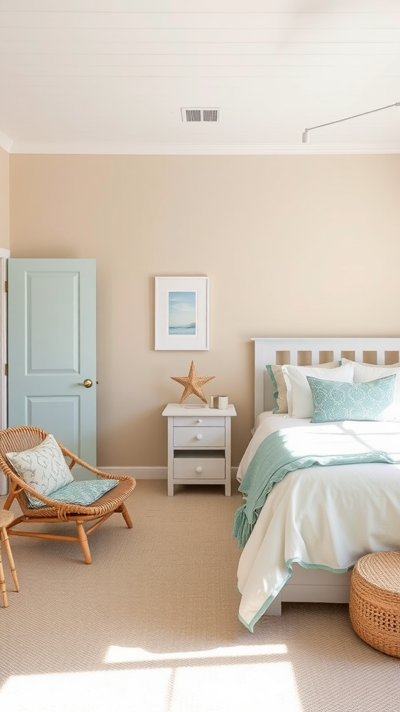 Coastal bedroom with sandy beige walls, light blue accents, and natural textures.