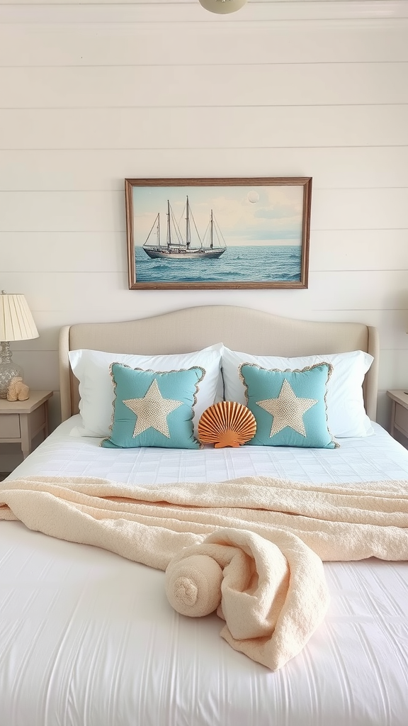 Coastal cottage bedroom with seashell and coral accents, featuring starfish pillows and a decorative shell.