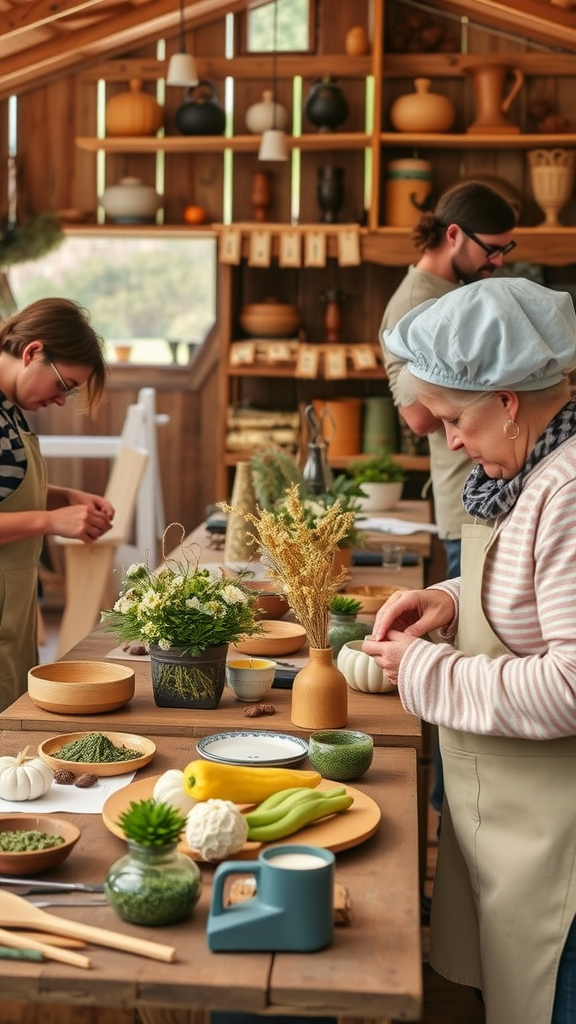 People engaged in craft activities inside a workshop, surrounded by various crafting materials.