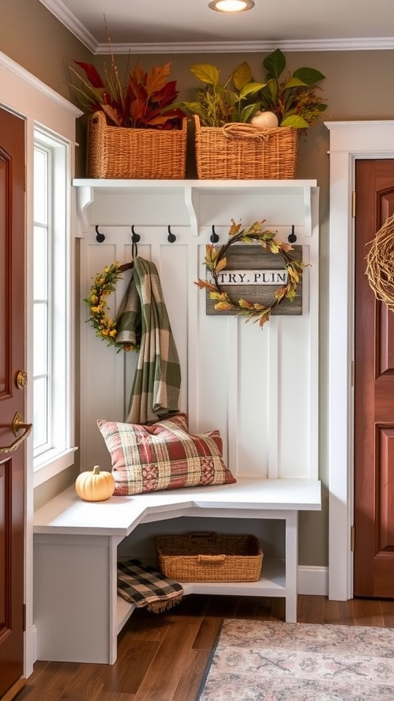 Cozy entryway with seasonal decor, featuring a bench, pillows, and decorative baskets.