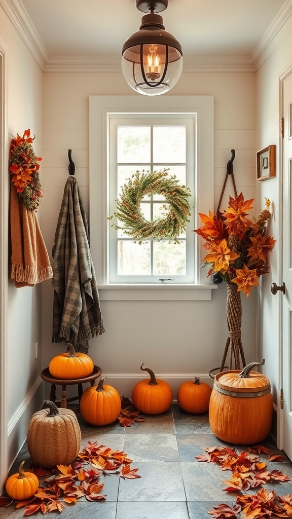 A cozy fall-themed entryway decorated with pumpkins and autumn leaves.