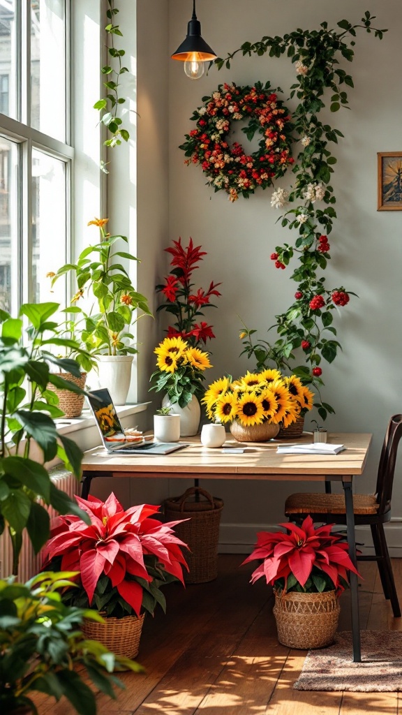 A bright office space filled with various plants and seasonal decor.