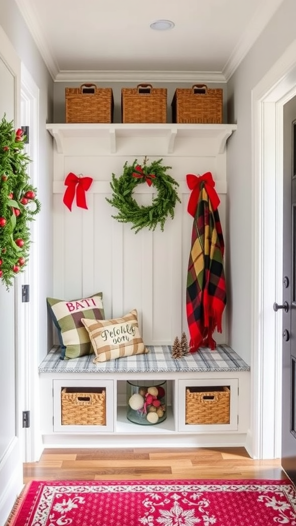 A decorated bench with holiday pillows, a plaid blanket, and festive decor in a cozy entryway.