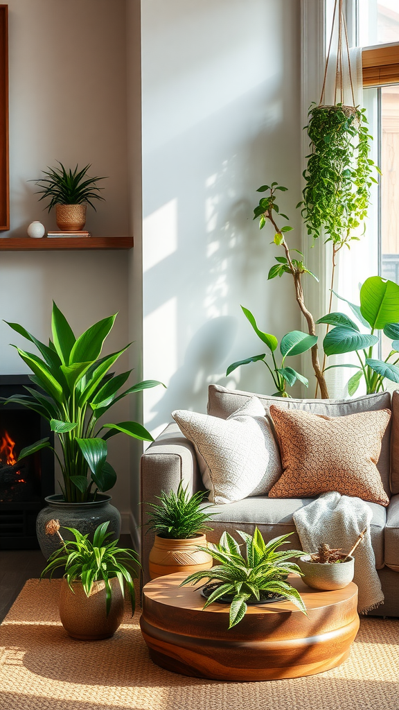 Cozy living room with various indoor plants and comfortable seating.